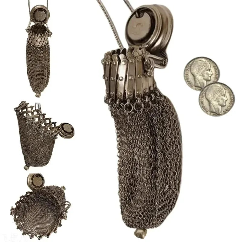 Vintage Double Mesh Metal Coin Purse, 1920s English Style Handmade Chain Nail Storage Pouch for Coin Collection - Bags & Cases from Linloft.
