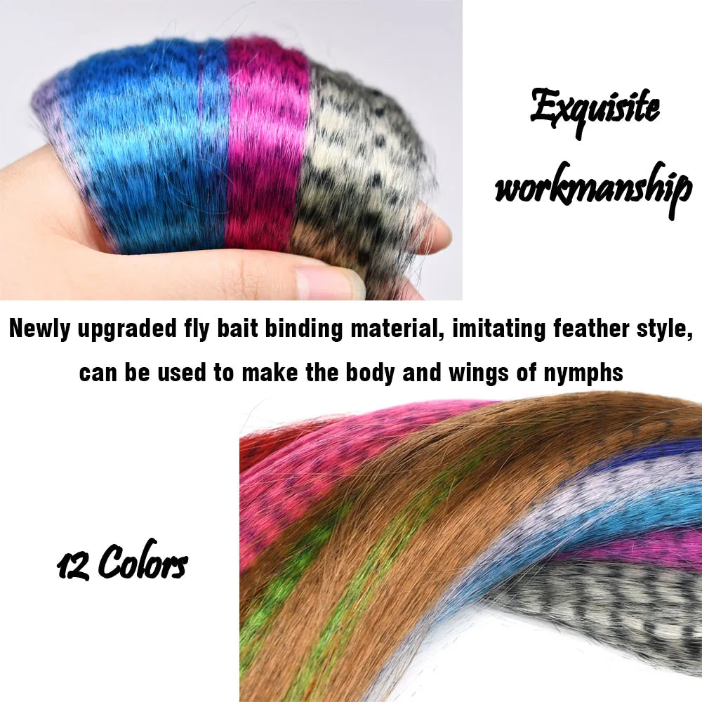 1Pack 12 Colors Fly Fishing Streamer Fly Tying Zebra Grizzly Hair Body Black Barred Minnow Fibers for Flies