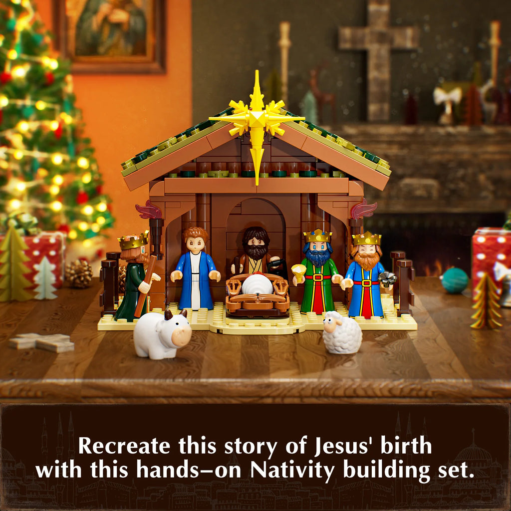 JAKI Christmas Nativity Scene Set Building Blocks Model Kit Manger Stable Tabletop Holiday Decor Home Display Gift Collectors Christian Jesus Birth Xmas Village Decoration Ornaments Halloween Birthday