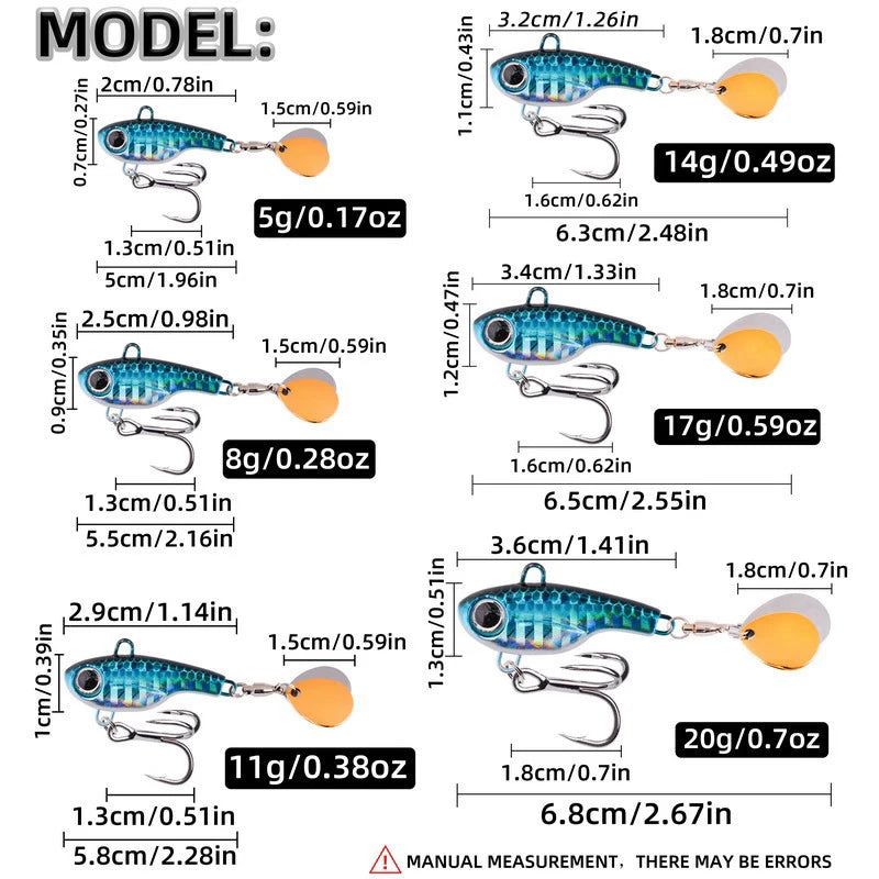 1PCS Metal Spinner Bait Metal VIB Fishing Lure 20g 17g-8g 5g Rotating Tail Vibration Sequins Japan Wobbler Trolling Bait Pesca
