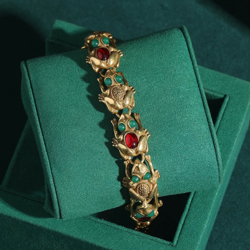 Lucky Toad Bracelets For Women Green Red Agate Antique Gold Color Charm 2025 Accessories Mothers Day Gift New