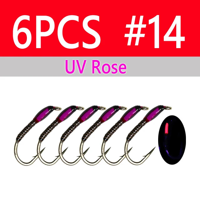 Wifreo 6PCS UV Glow Epoxy Buzzer Midge Nymph Fly Fluorescent Peacock Quill Nymph Trout Perch Grayling Fishing Lures Bait #10~#16 - Fishing Tackle from Linloft.
