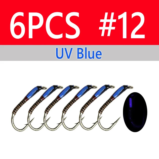 Wifreo 6PCS UV Glow Epoxy Buzzer Midge Nymph Fly Fluorescent Peacock Quill Nymph Trout Perch Grayling Fishing Lures Bait #10~#16 - Fishing Tackle from Linloft.