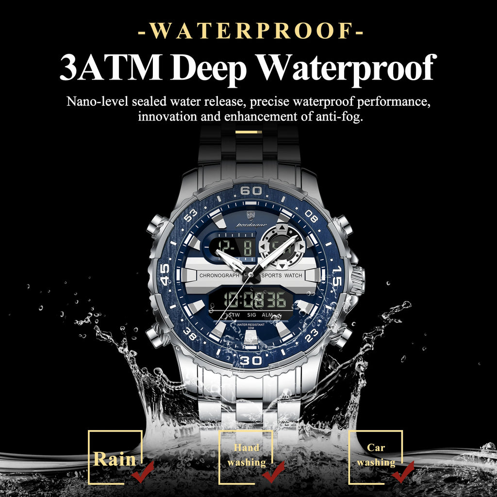 POEDAGAR Functional Electronic Man Wristwatch Week Date LED Luminous Oversized Fashion Quartz Men Watch Dual Time Digital Military Men's Watches Reloj - Apparel & Accessories from Linloft.