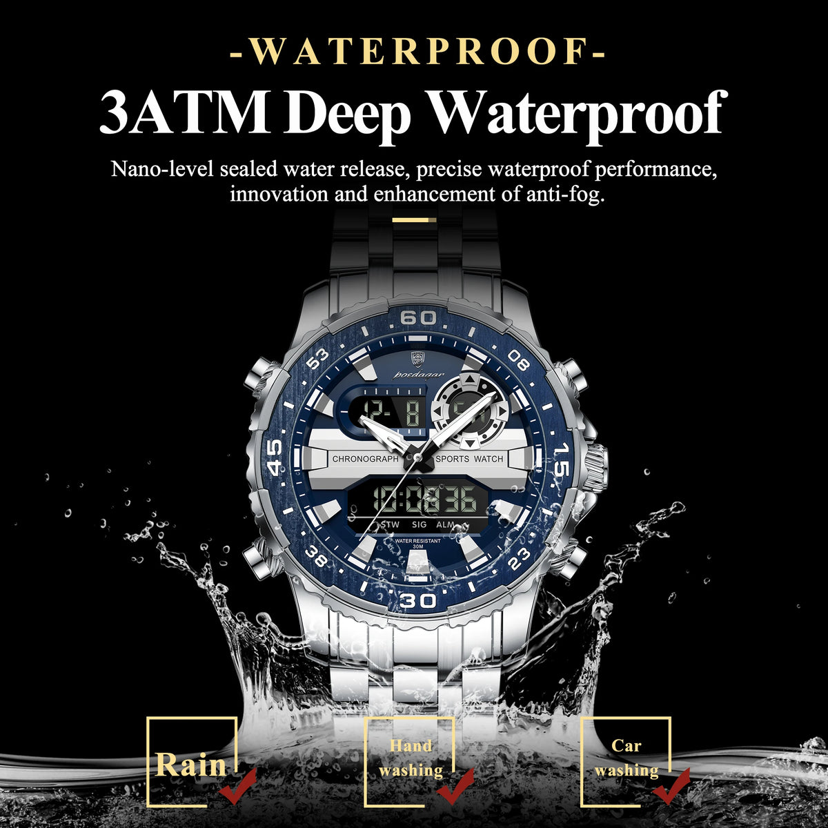 POEDAGAR Functional Electronic Man Wristwatch Week Date LED Luminous Oversized Fashion Quartz Men Watch Dual Time Digital Military Men's Watches Reloj - Apparel & Accessories from Linloft.
