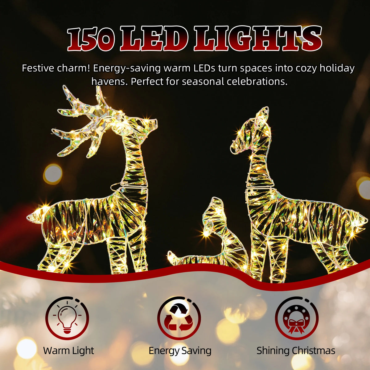 3-Piece Lighted Reindeer Family Christmas Decor – 110 Warm White LED, Iridescent Finish, Weatherproof Metal Frame, for Indoor/Outdoor Yard, Porch, Garden – Easy Assembly, Festive Holiday Display