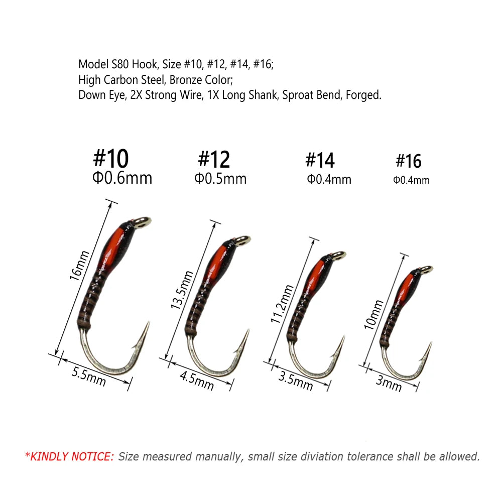 Wifreo 6PCS UV Glow Epoxy Buzzer Midge Nymph Fly Fluorescent Peacock Quill Nymph Trout Perch Grayling Fishing Lures Bait #10~#16