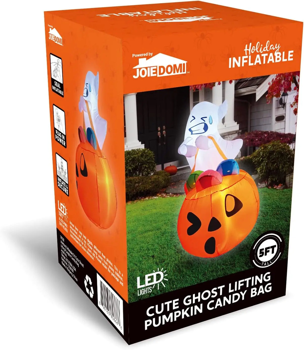 5 FT Tall Halloween Inflatables Outdoor Decorations Cute Ghost Blow Up Ghost Lift Pumpkin Candy Bag with Build-in LEDs For Halloween Gifts - Seasonal & Holiday from Linloft.