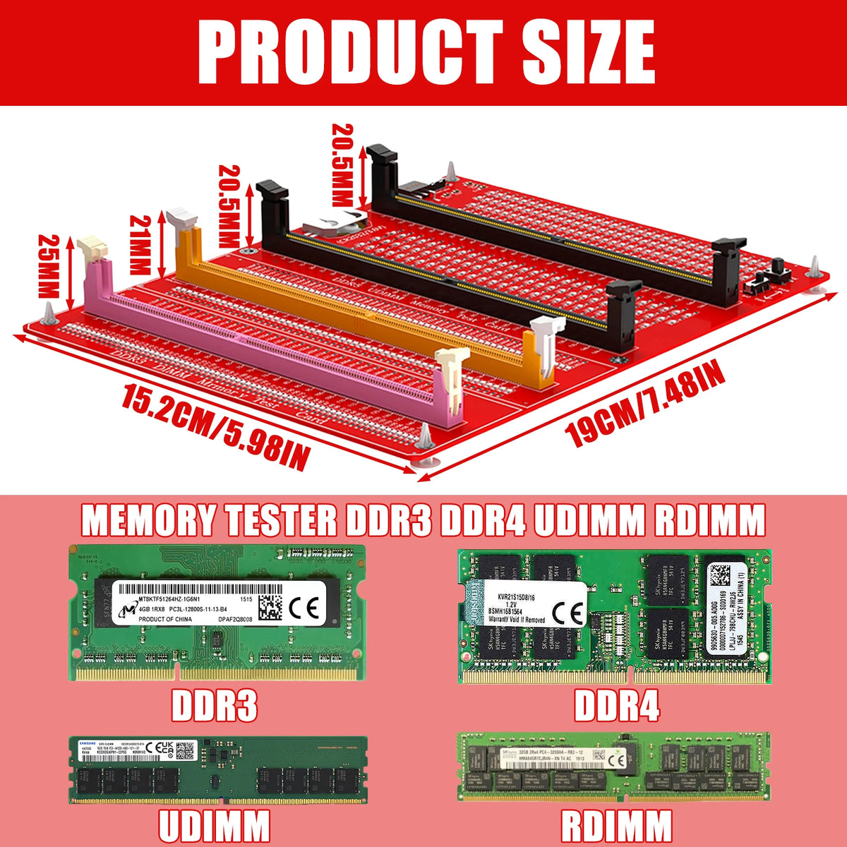 DDR3/4/5 RDIMM/UDIMM Memory Tester with LED Indicator USB C Power Supply Test Button Computer DDR3/4/5 Memory Test Card