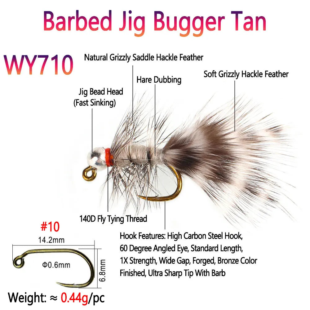 4~6pcs #10 #12 Fast Sinking Tungsten Barbless Jig Woolly Bugger Streamer Barbed Bugger Tan Jig Nymph Fly Trout Bass Fishing Lure